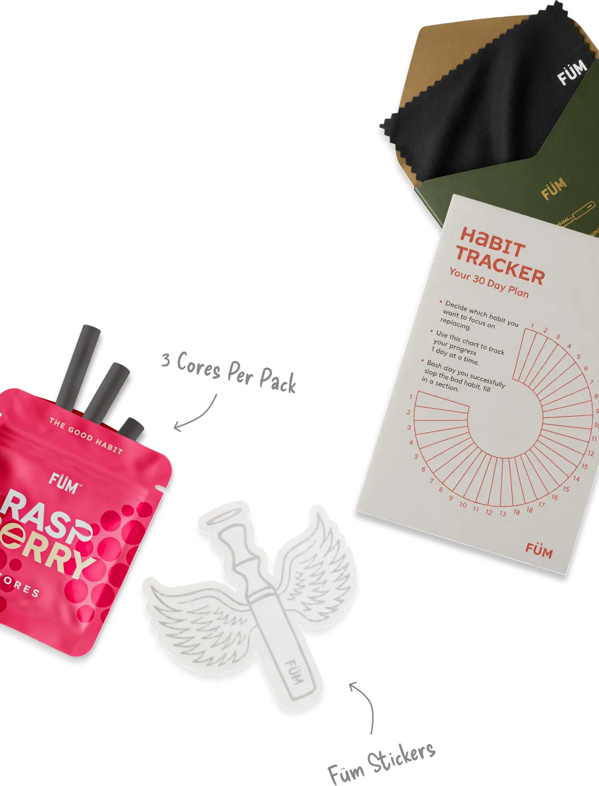 Fum product set including raspberry-flavored cores, a habit tracker, a winged device model, and stickers on a white background.